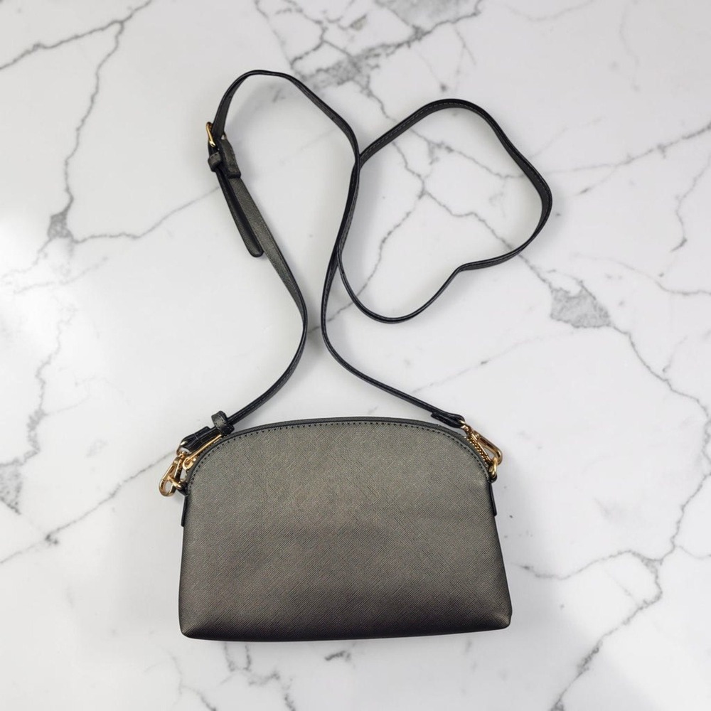 Demdaco Metallic Pewter Saffiano Vegan Leather Crossbody Dome Bag Gold Hardware